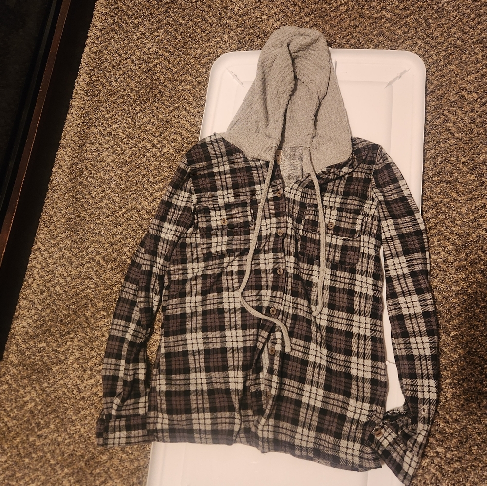 Plaid Hoodie Shirt with Gray Hood